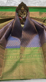 Load and play video in Gallery viewer, Classic Steel Blue &amp; Green 2gm Zari Elegance Kanchipuram Handloom Silk Saree SS25436
