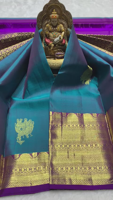 Classic Teal Blue Green & Purple Berry 2gm Zari Bridal Elegance Kanchipuram Handloom Silk Saree SS23561