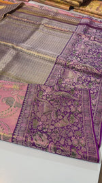 Load and play video in Gallery viewer, Classic Peach Rose &amp; Vadamalli Purple 2gm Zari Brocade Meenakari Tissue Bridal Elegance Kanchipuram Handloom Silk Saree SS28262
