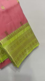 Load and play video in Gallery viewer, Classic Peach Rose &amp; Light Green 1gm Zari Bridal  Elegance Kanchipuram Handloom Silk Saree SS28109
