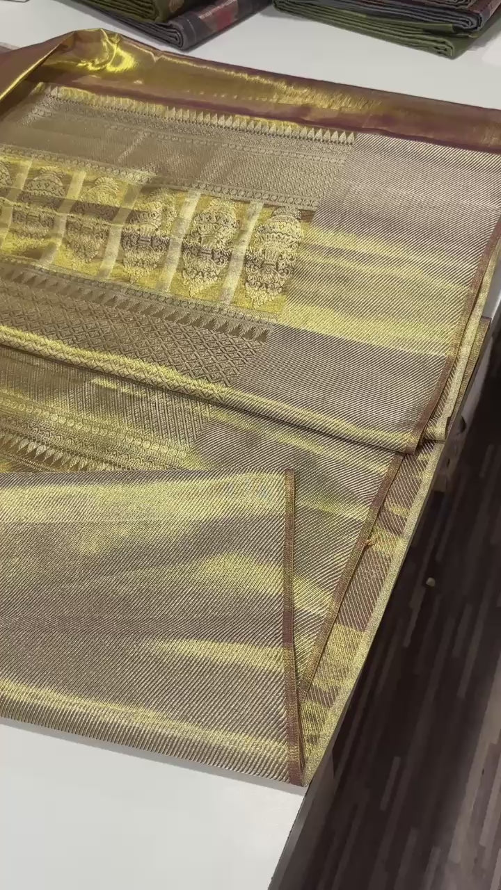 Classic Pale Cocoa Antique Gold Tissue Bridal Elegance Kanchipuram Tissue Handloom Silk Saree SS23883