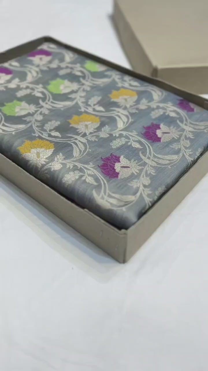 Classic Silver Grey Elegance Meenakari Banarasi Katan Silk Saree SS26040