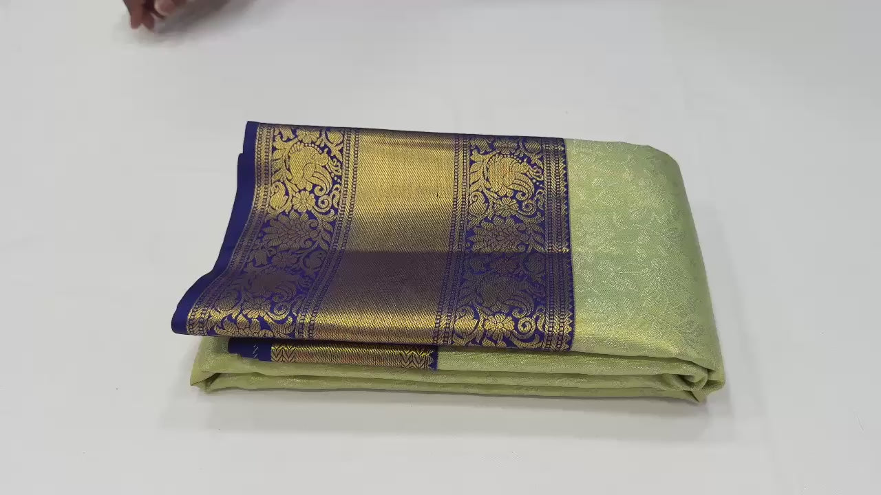 Pastel Green & Navy Blue Tissue Kuttu Bridal Elegance Kanchipuram Handloom Silk Saree SS25293