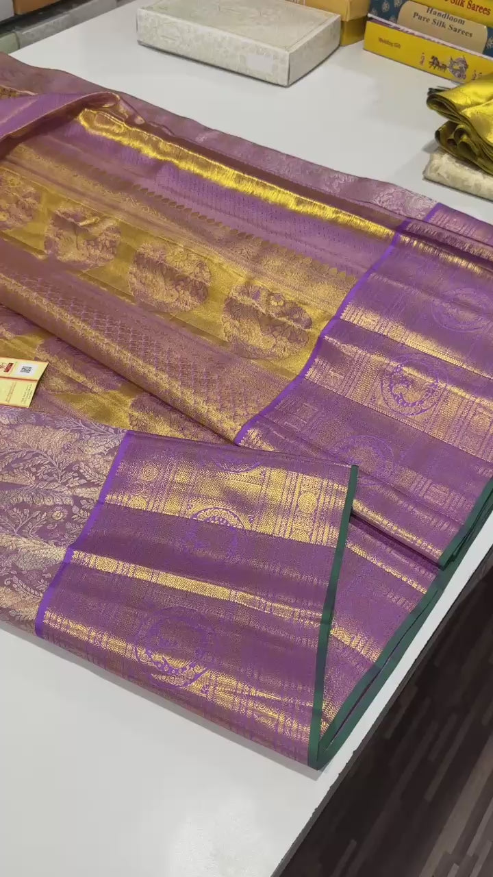 Classic Golden Lavender Bridal Elegance Kanchipuram Handloom Tissue Silk Saree SS23711