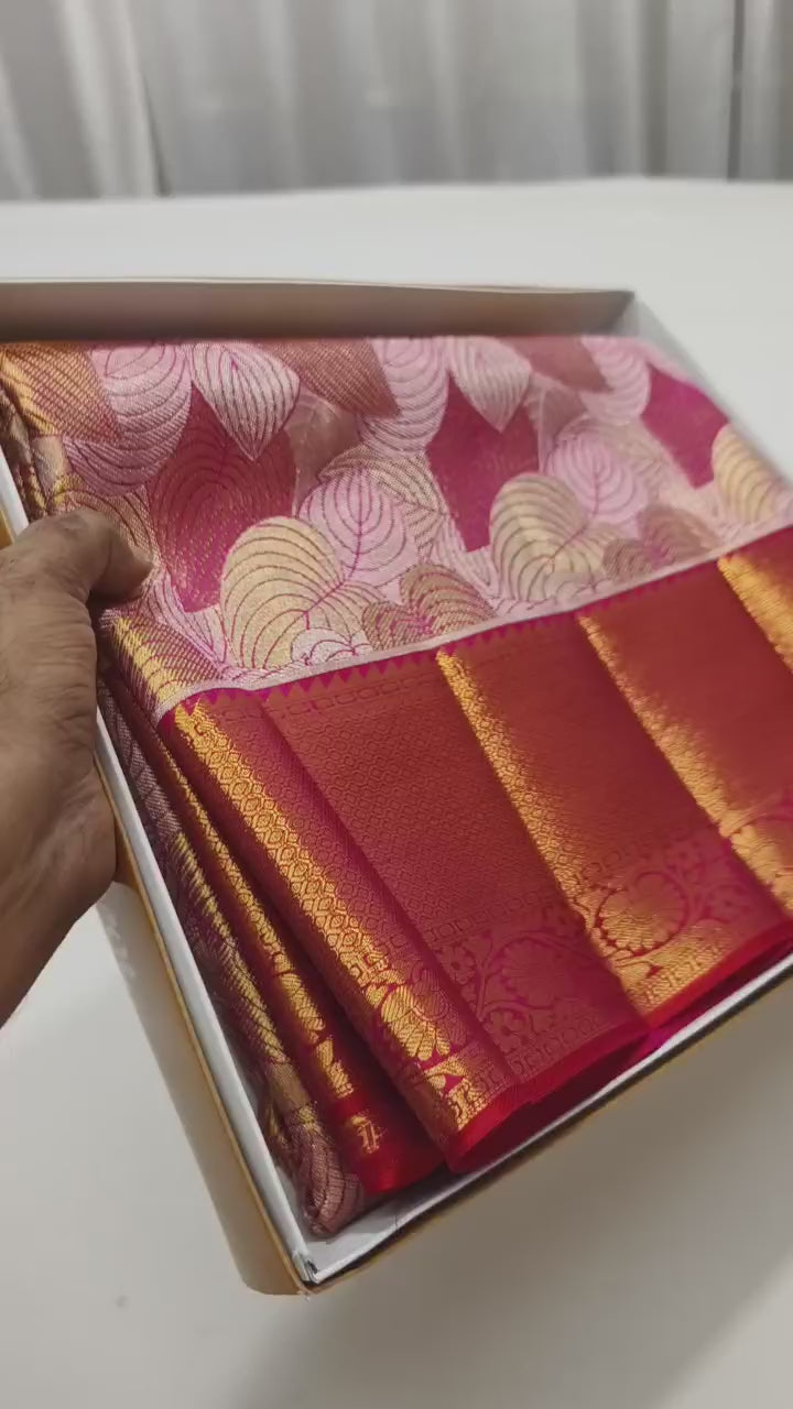Classic Rose Gold & Dark Red 1point5 gm Zari Bridal Elegance Kanchipuram Handloom Silk Saree SS26453