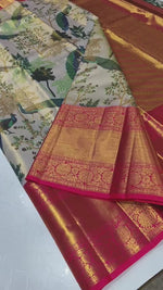 Load and play video in Gallery viewer, Classic Butter Cream &amp; Red 2gm Zari Digital Print Bridal Elegance Kanchipuram Handloom Silk Saree SS25298
