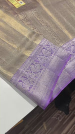 Load and play video in Gallery viewer, Classic Shimmer Gold &amp; Lavender Bridal Elegance Kanchipuram Tissue Handloom Silk Saree SS25715
