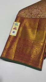 Load and play video in Gallery viewer, Shimmer Gold Orange Red Tissue Bridal Elegance Kanchipuram Handloom Silk Saree SS16444
