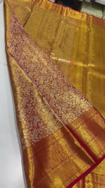 Load and play video in Gallery viewer, Classic Shimmer Gold &amp; Chilli Red Brocade Tissue Bridal Elegance Kanchipuram Handloom Silk Saree SS27273
