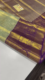 Load and play video in Gallery viewer, Classic Pastel Green  &amp; Dark Violet Bridal Elegance Kanchipuram Tissue Handloom Silk Saree SS25717
