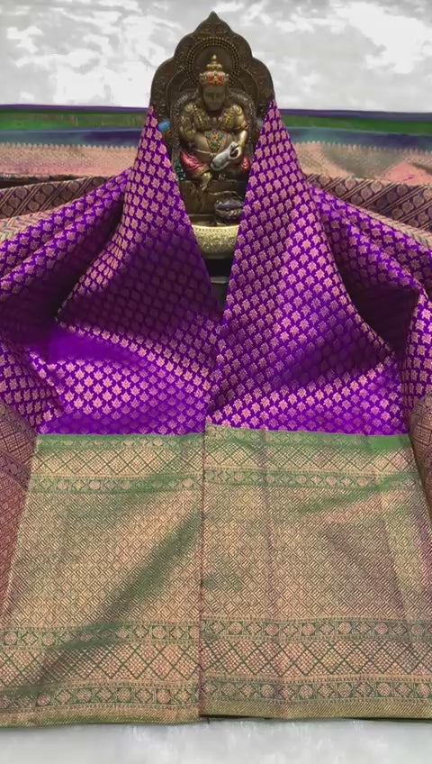 Classic Purple Violet & Green 2gm Zari Elegance Kanchipuram Handloom Silk Saree SS25438