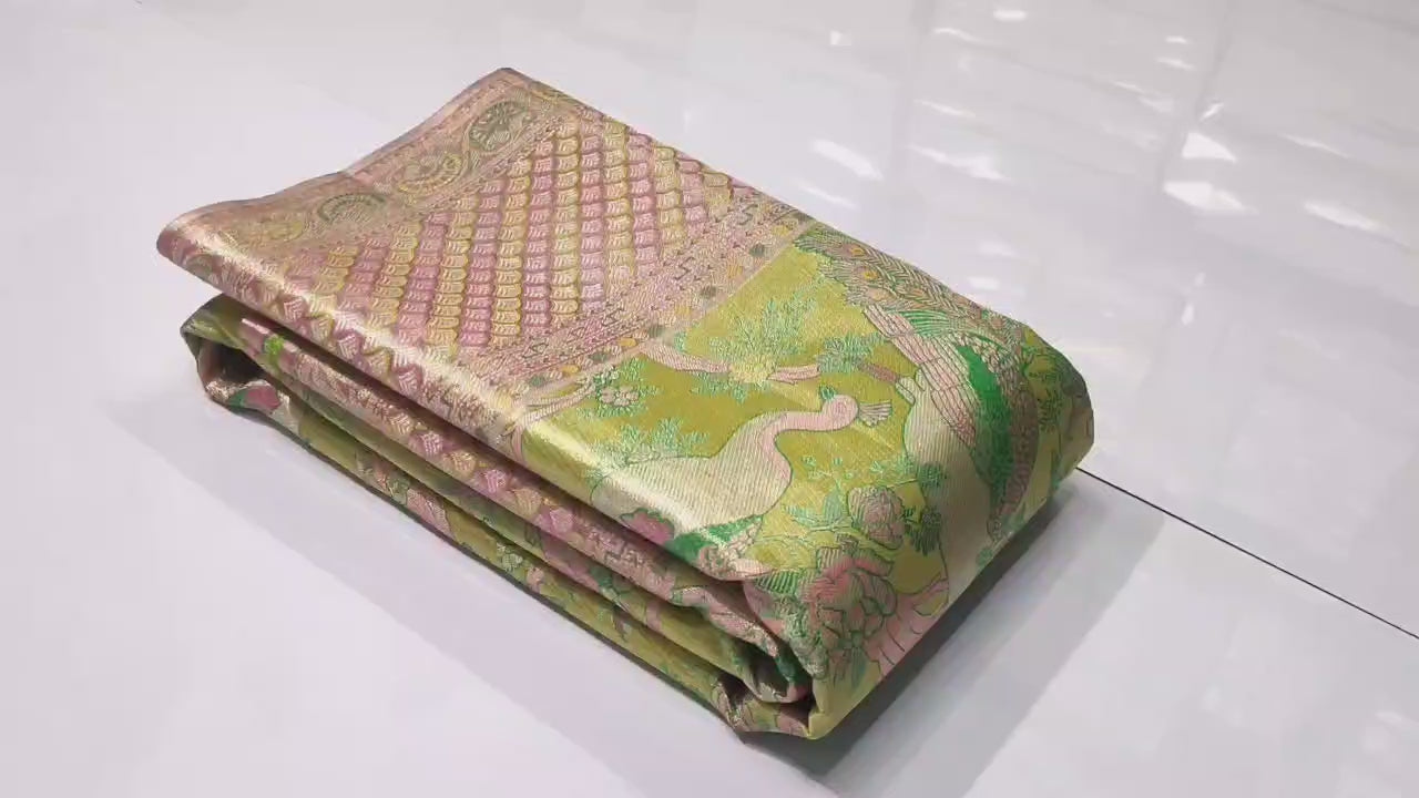 Classic Lime Green Floral Meenakari Brocade Bridal Elegance Kanchipuram Handloom Silk Saree SS24676