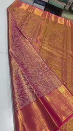 Load and play video in Gallery viewer, Classic Shimmer Gold &amp; Rose Pink Brocade Tissue Bridal Elegance Kanchipuram Handloom Silk Saree SS27277

