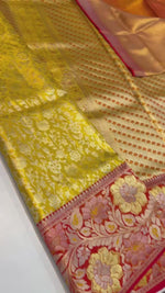 Load and play video in Gallery viewer, Classic Golden Yellow &amp; Brick Red Bridal Elegance Kanchipuram Handloom Silk Saree SS27195
