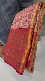 Load and play video in Gallery viewer, Classic Shimmer Gold &amp; Red Bridal Elegance Kanchipuram Tissue Handloom Silk Saree SS26010
