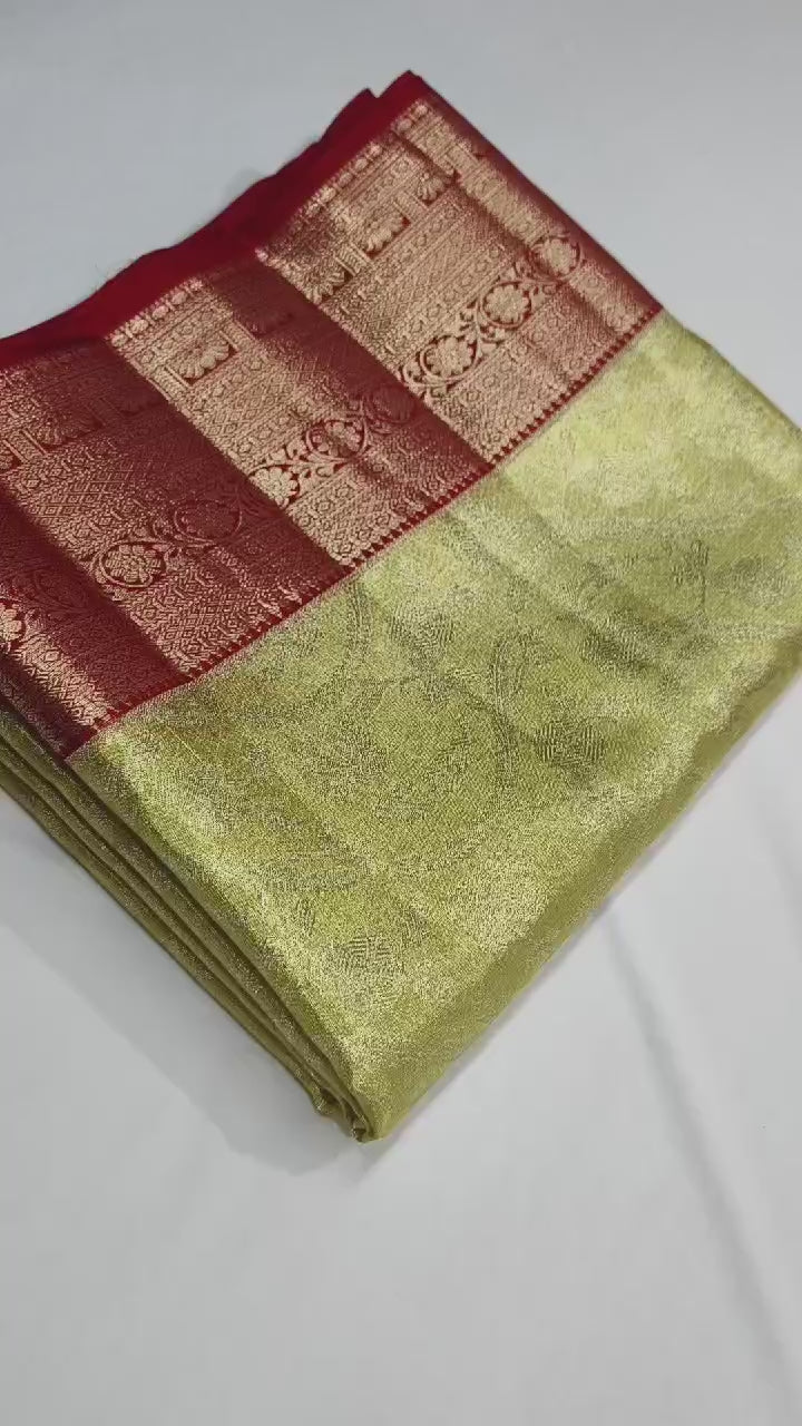 Classic Lime Green & Cherry Red Bridal Elegance Kanchipuram Handloom Silk Saree SS24595