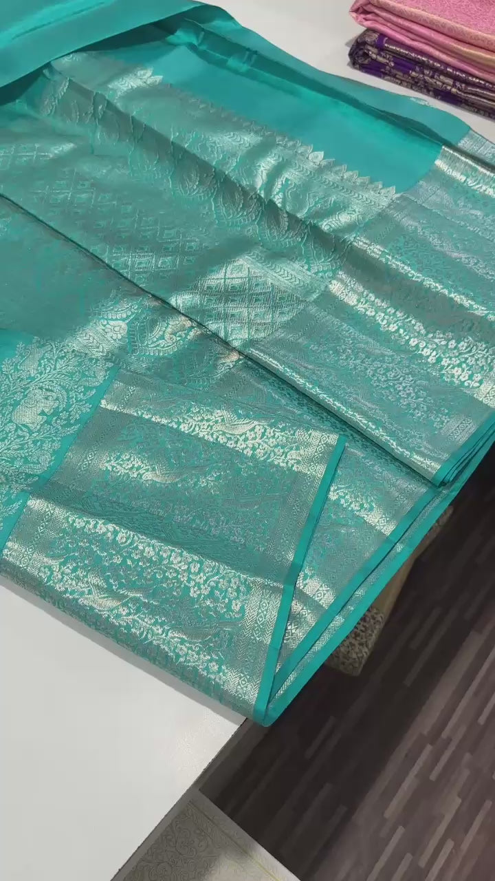 Classic Teal Blue Brocade Bridal Elegance Kanchipuram Handloom Silk Saree SS23713