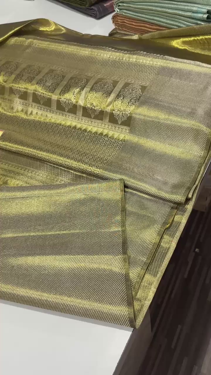 Classic Olive Green Gold Tissue Bridal Elegance Kanchipuram Tissue Handloom Silk Saree SS23880