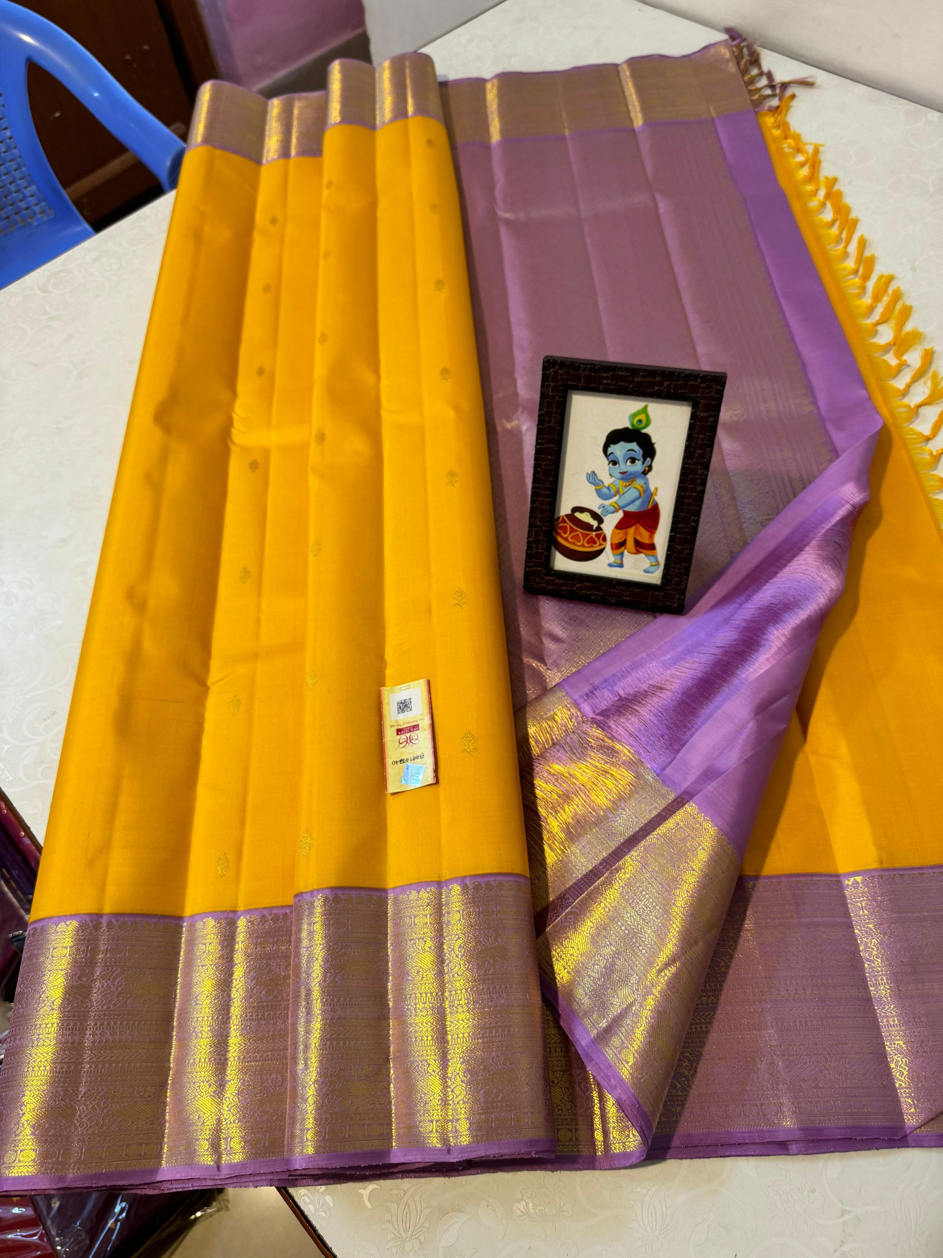 Classic Golden Yellow & Lavender 2gm Zari Kanchipuram Handloom Silk Saree SS26154