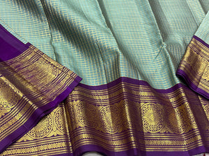 Classic Fern Green & Violet 2gm Vintage Checks Zari Kanchipuram Handloom Silk Saree SS26157