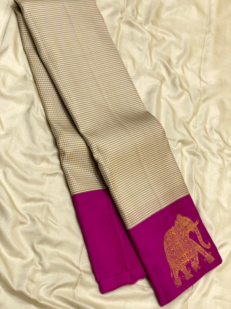 Classic Oatmeal Cream & Dark Pink Kanchipuram Handloom Silk Saree SS26166