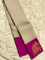 Load image into Gallery viewer, Classic Oatmeal Cream &amp; Dark Pink Kanchipuram Handloom Silk Saree SS26166
