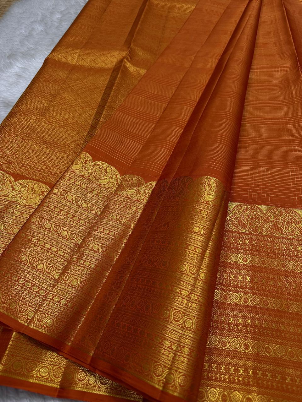 Classic Dusky Orange Bridal Elegance Kanchipuram Handloom Silk Saree SS26171