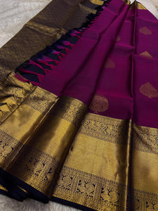 Classic Wine Red & Navy Blue Kanchipuram Handloom Silk Saree SS26176