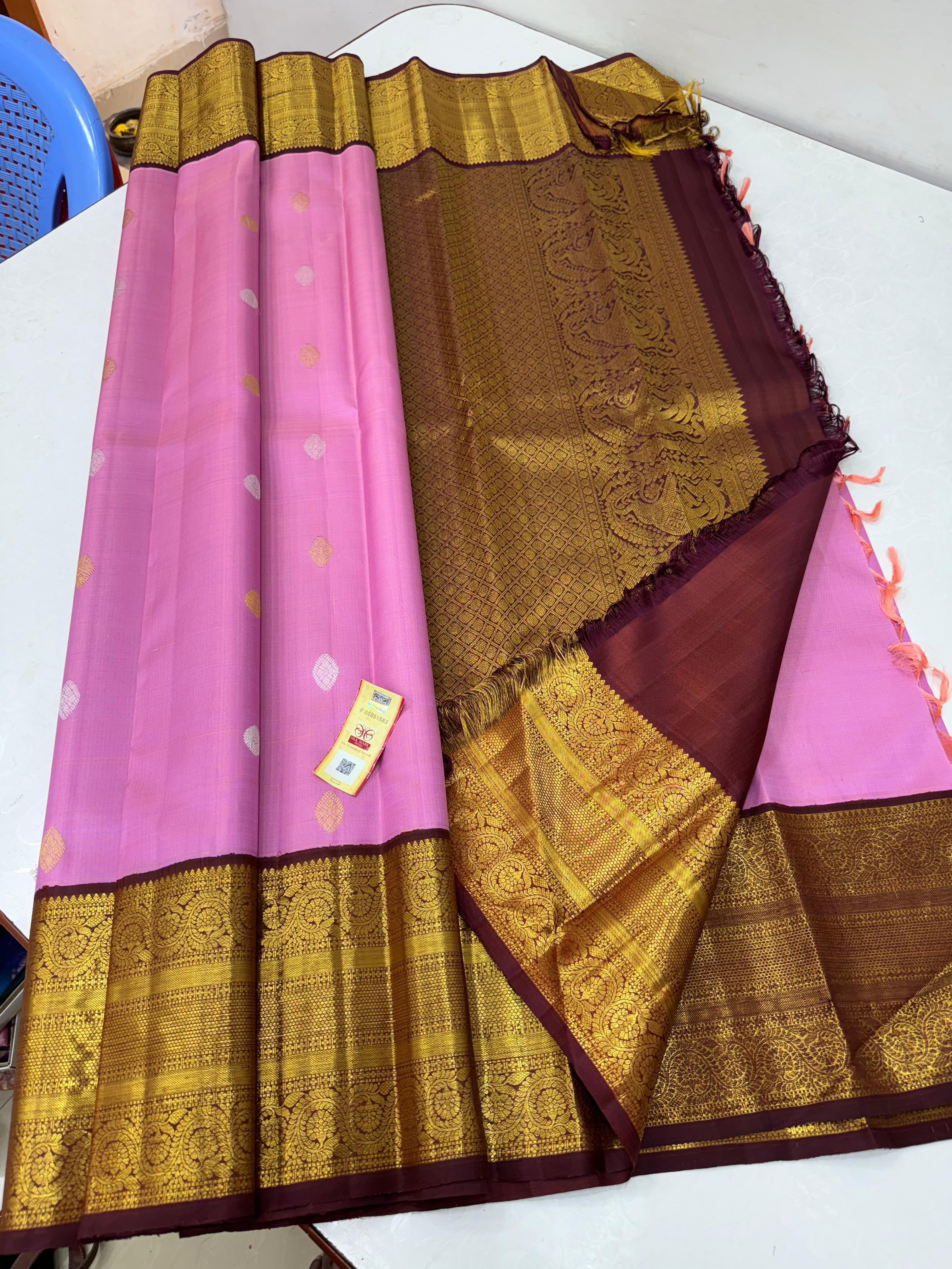 Classic Hot Pink & Brown 2gm Zari Kanchipuram Handloom Silk Saree SS26150