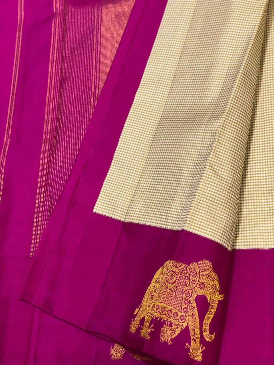 Classic Oatmeal Cream & Dark Pink Kanchipuram Handloom Silk Saree SS26166