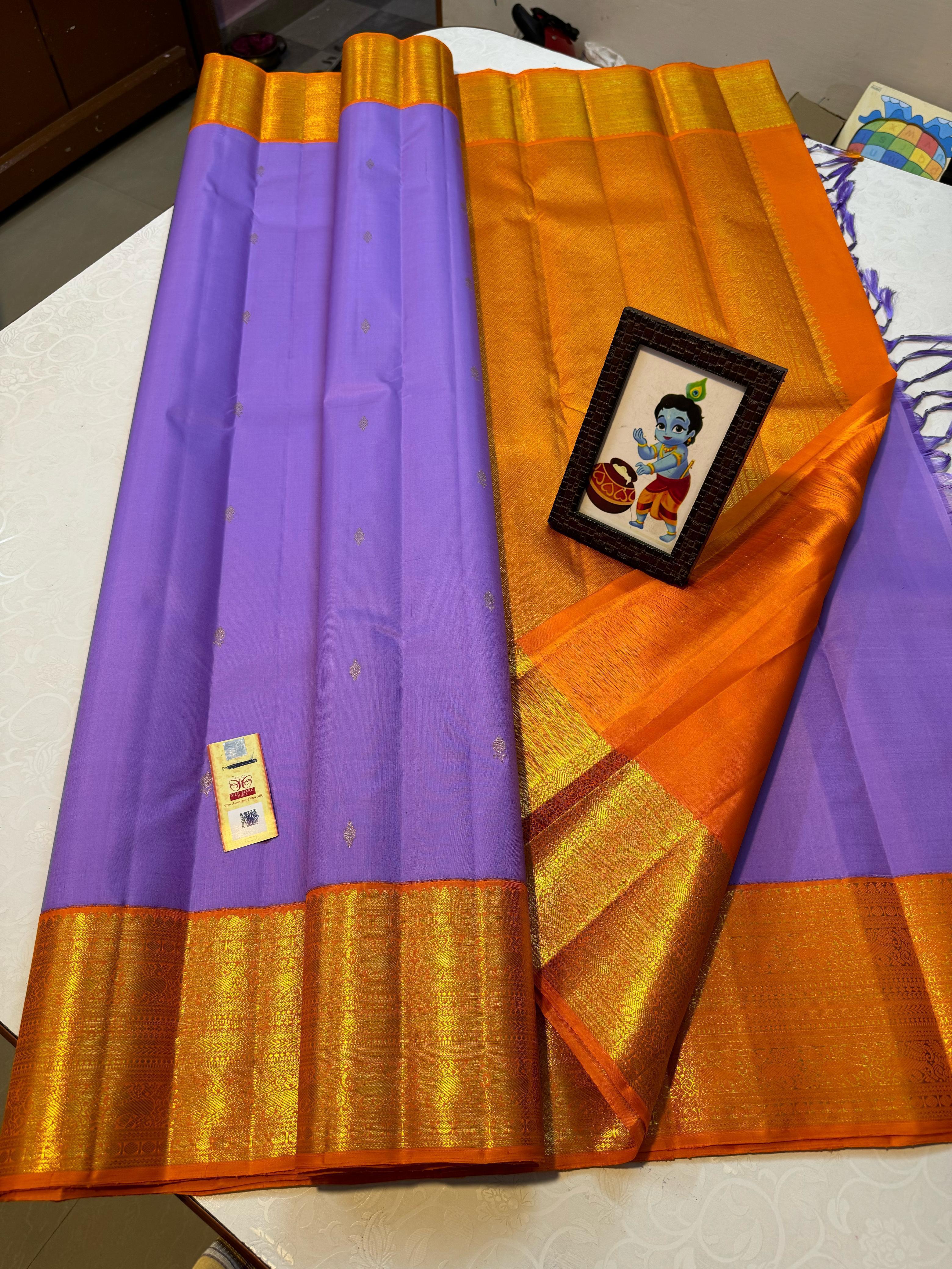 Classic Lavender & Sunset Orange 2gm Zari Kanchipuram Handloom Silk Saree SS26153