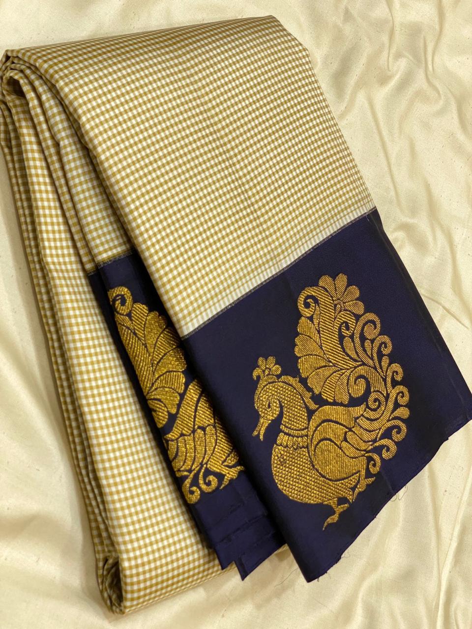 Classic Butter Cream & Navy Blue Kanchipuram Handloom Silk Saree SS26163