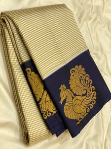 Classic Butter Cream & Navy Blue Kanchipuram Handloom Silk Saree SS26163