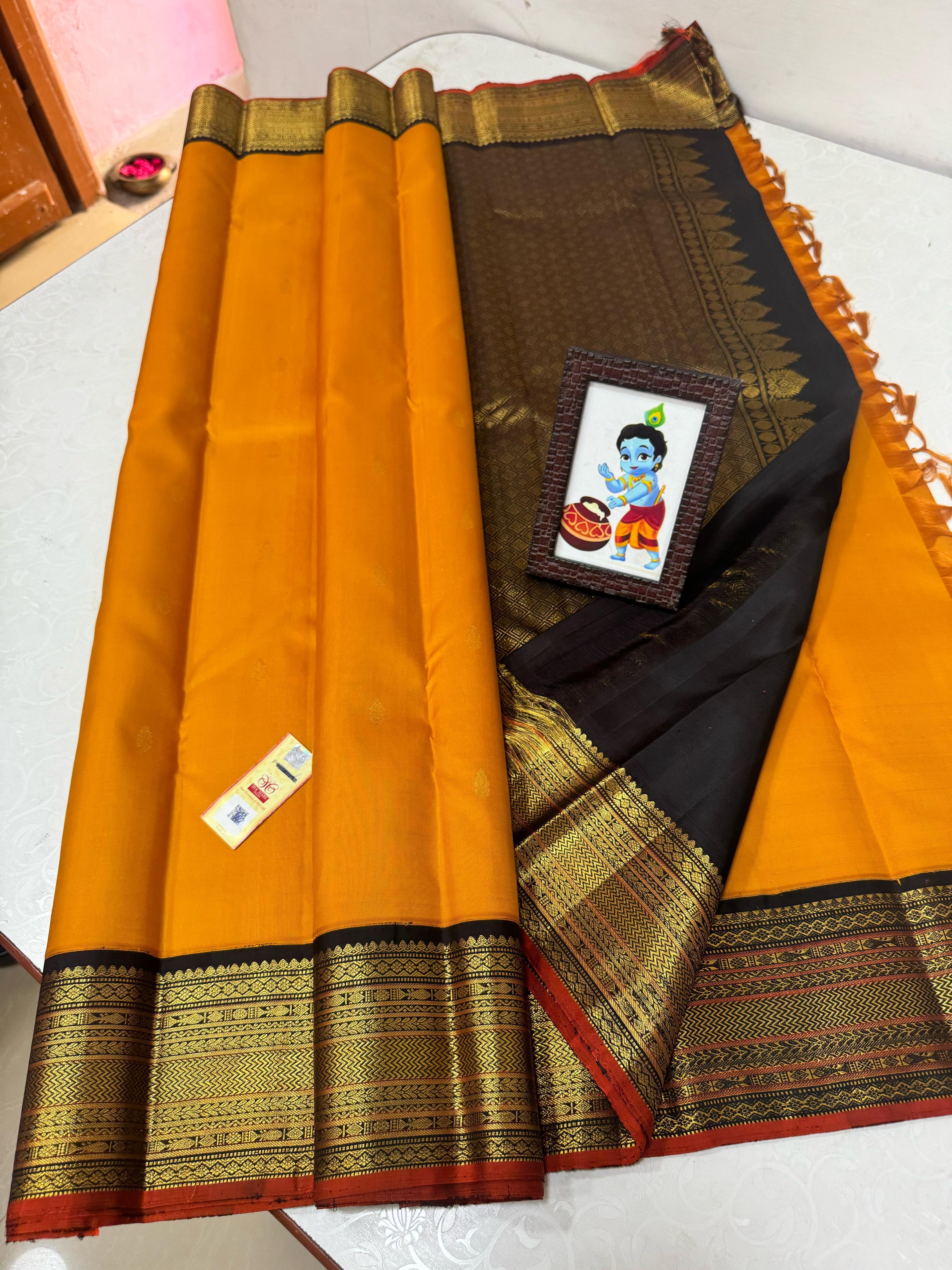 Classic Golden Yellow & Charcoal Black 2gm Zari Kanchipuram Handloom Silk Saree SS26156
