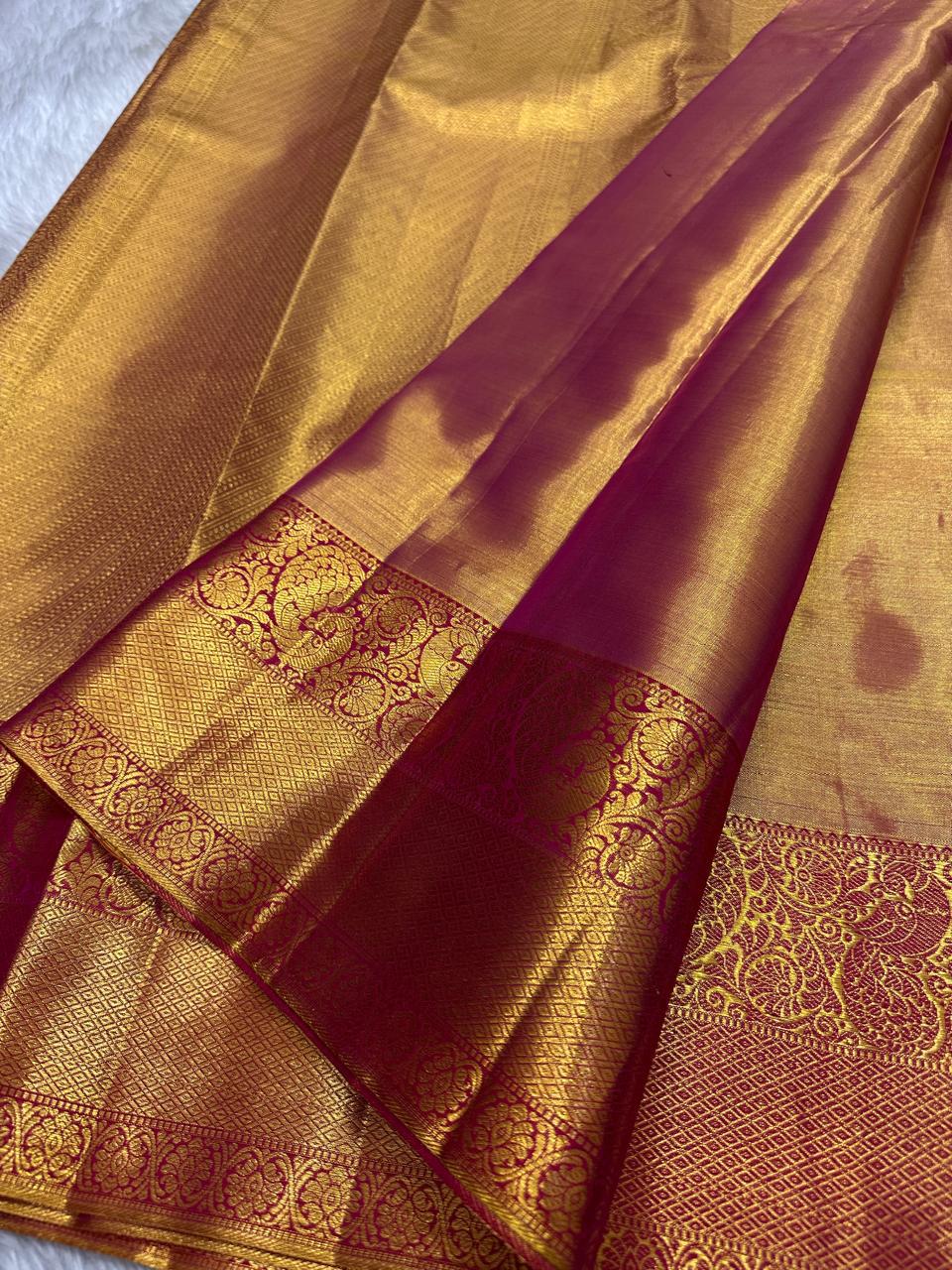 Shimmer Red Pink & Pastel Rose Gold Bridal Elegance Kanchipuram Handloom Silk Saree SS26179