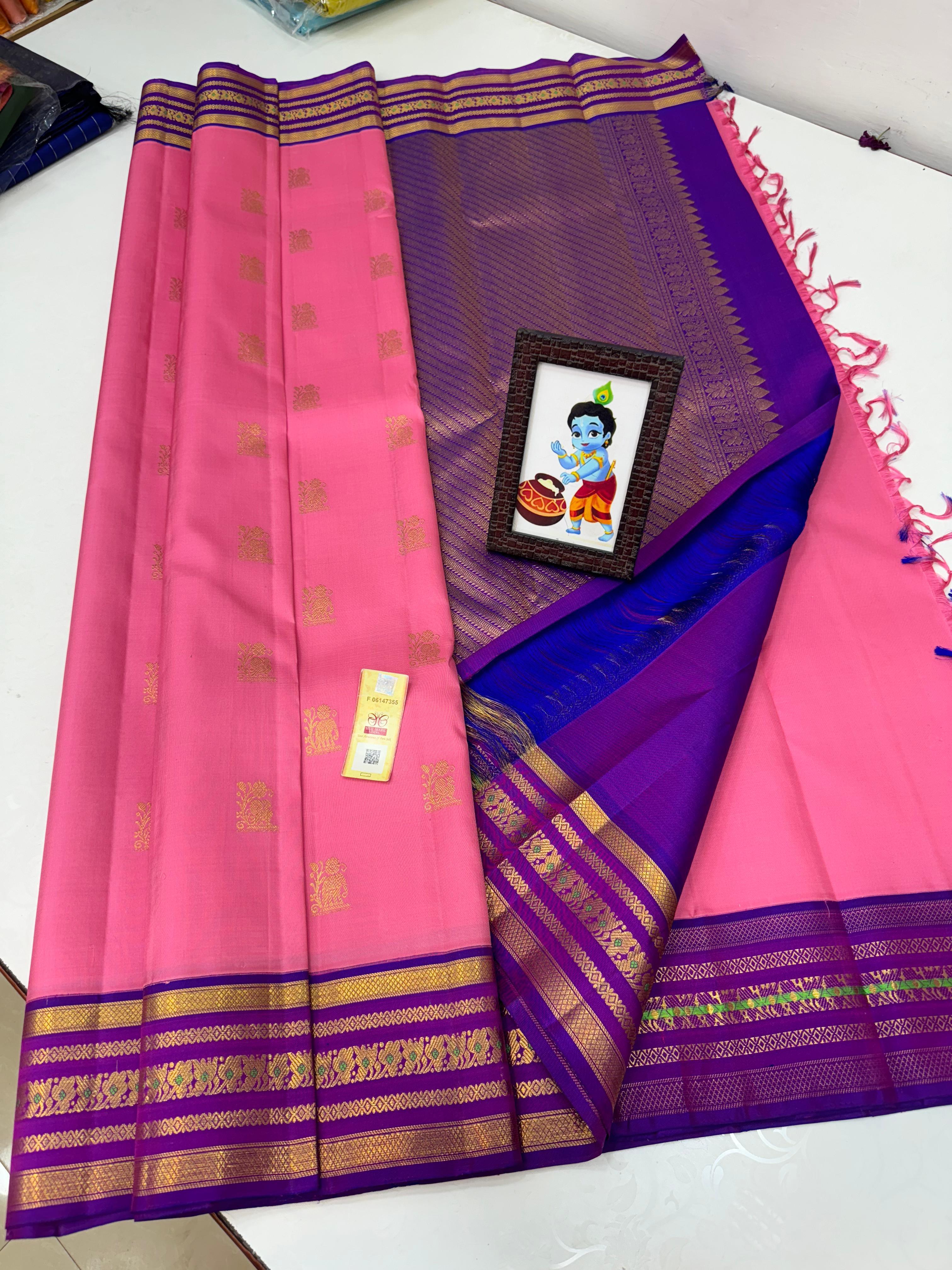 Classic Creamy Pink & Vadamalli 2gm Zari Kanchipuram Handloom Silk Saree SS26148