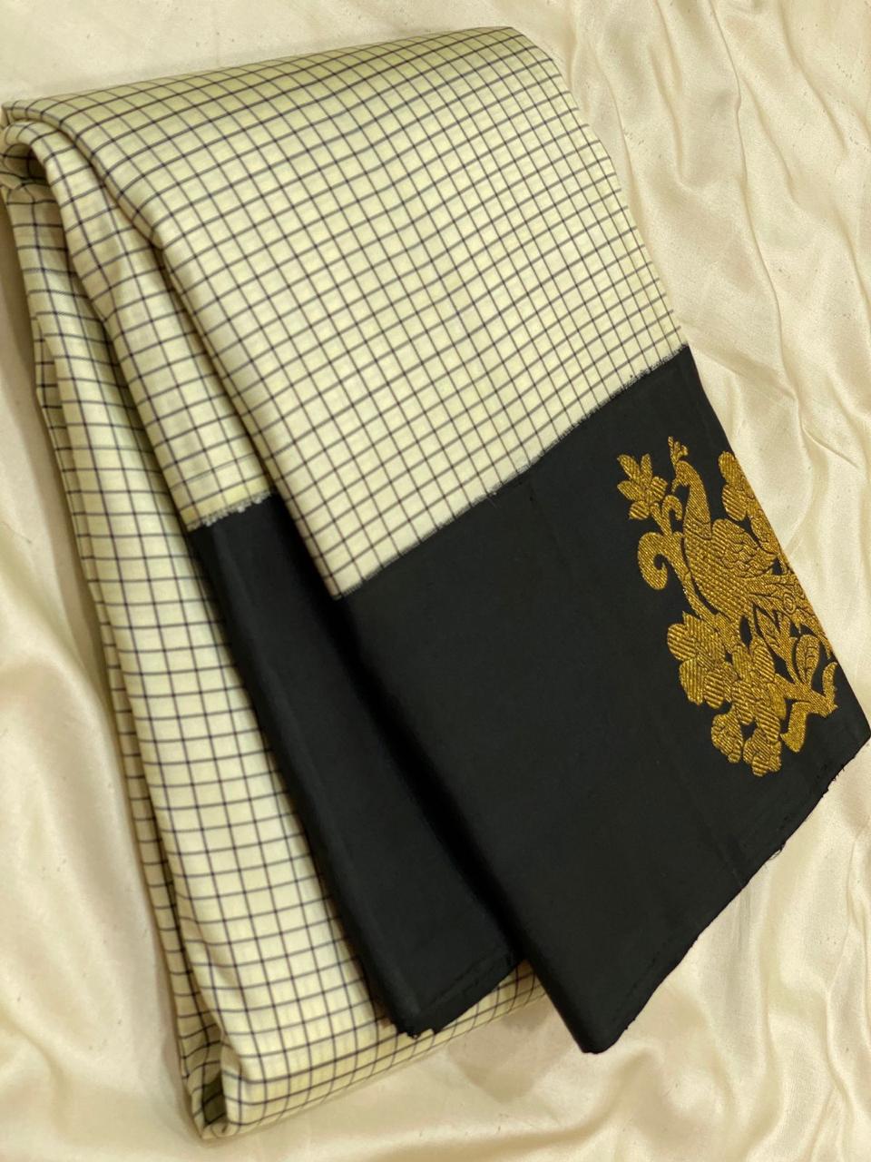 Classic Butter Cream & Carbon Black Kanchipuram Handloom Silk Saree SS26165