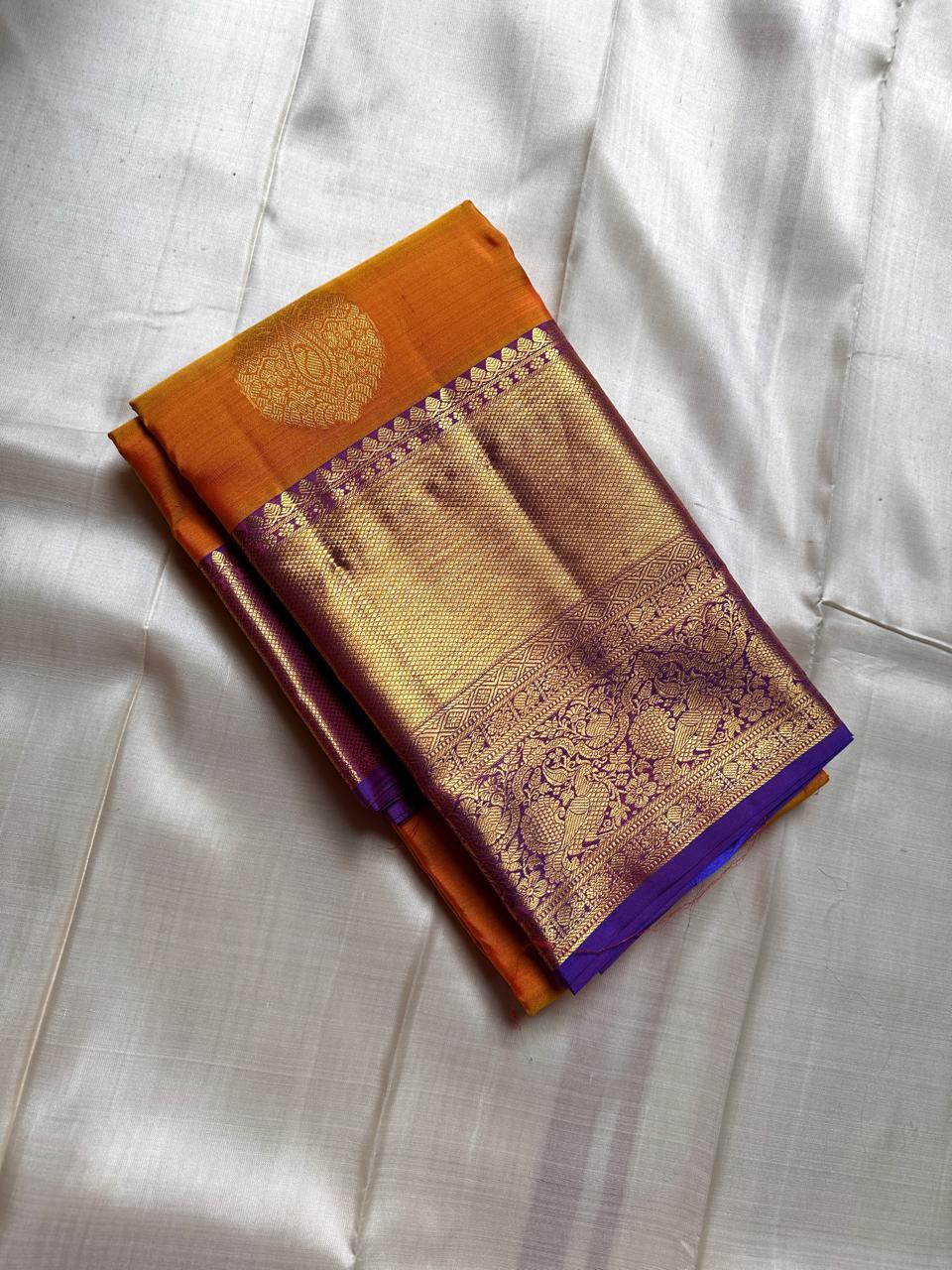 Classic Mango Yellow & Violet Kanchipuram Handloom Silk Saree SS26177