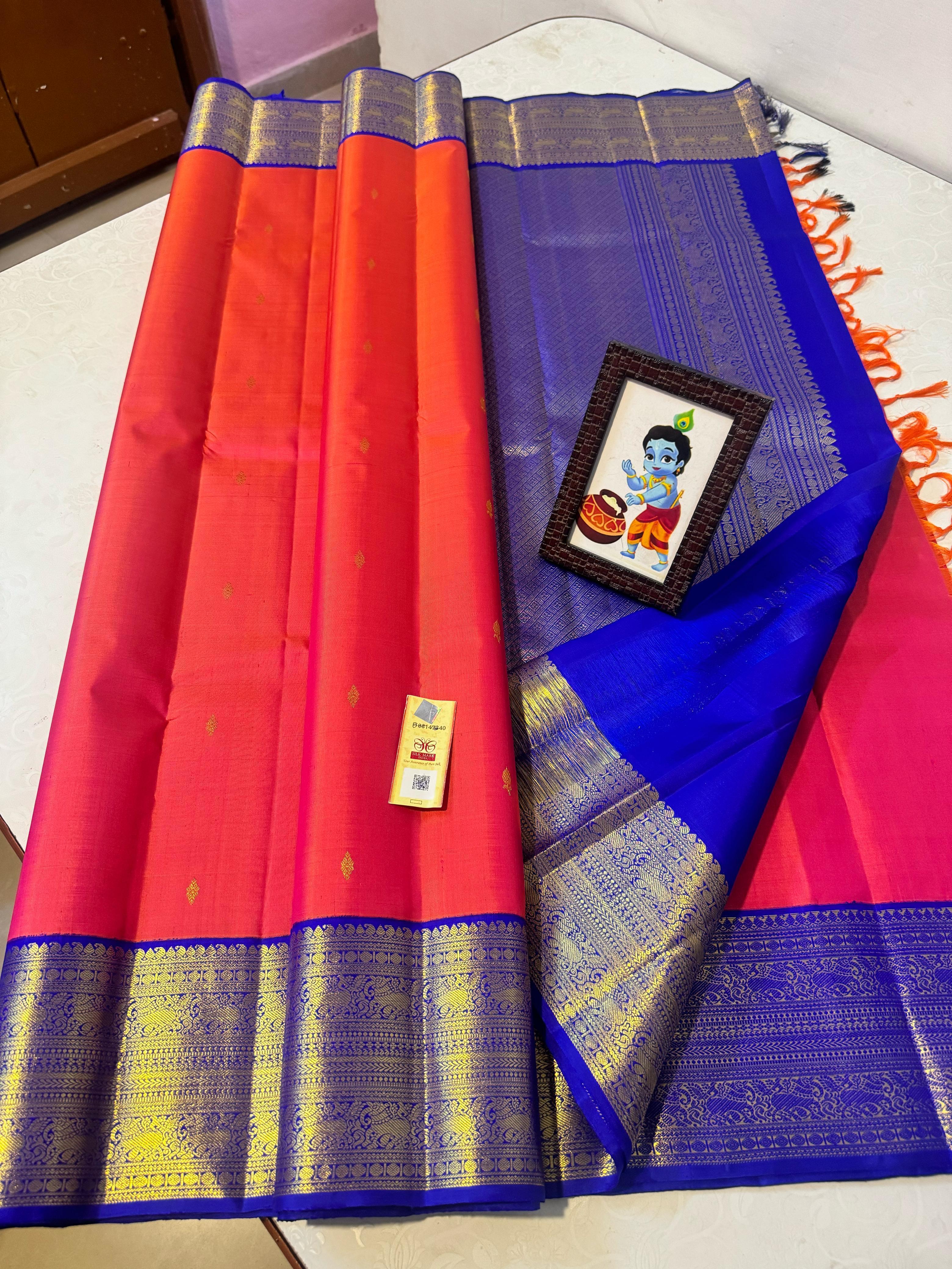 Classic Orange Pink & Royal Blue 2gm Zari Kanchipuram Handloom Silk Saree SS26152