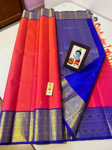 Classic Orange Pink & Royal Blue 2gm Zari Kanchipuram Handloom Silk Saree SS26152