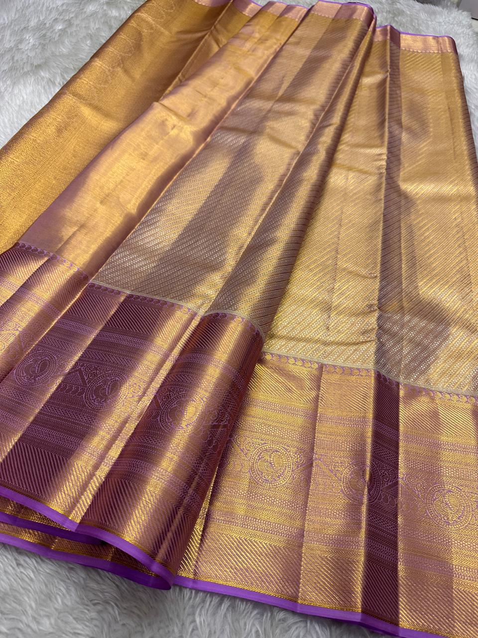 Shimmer Gold & Lavender Bridal Elegance Kanchipuram Handloom Silk Saree SS26181