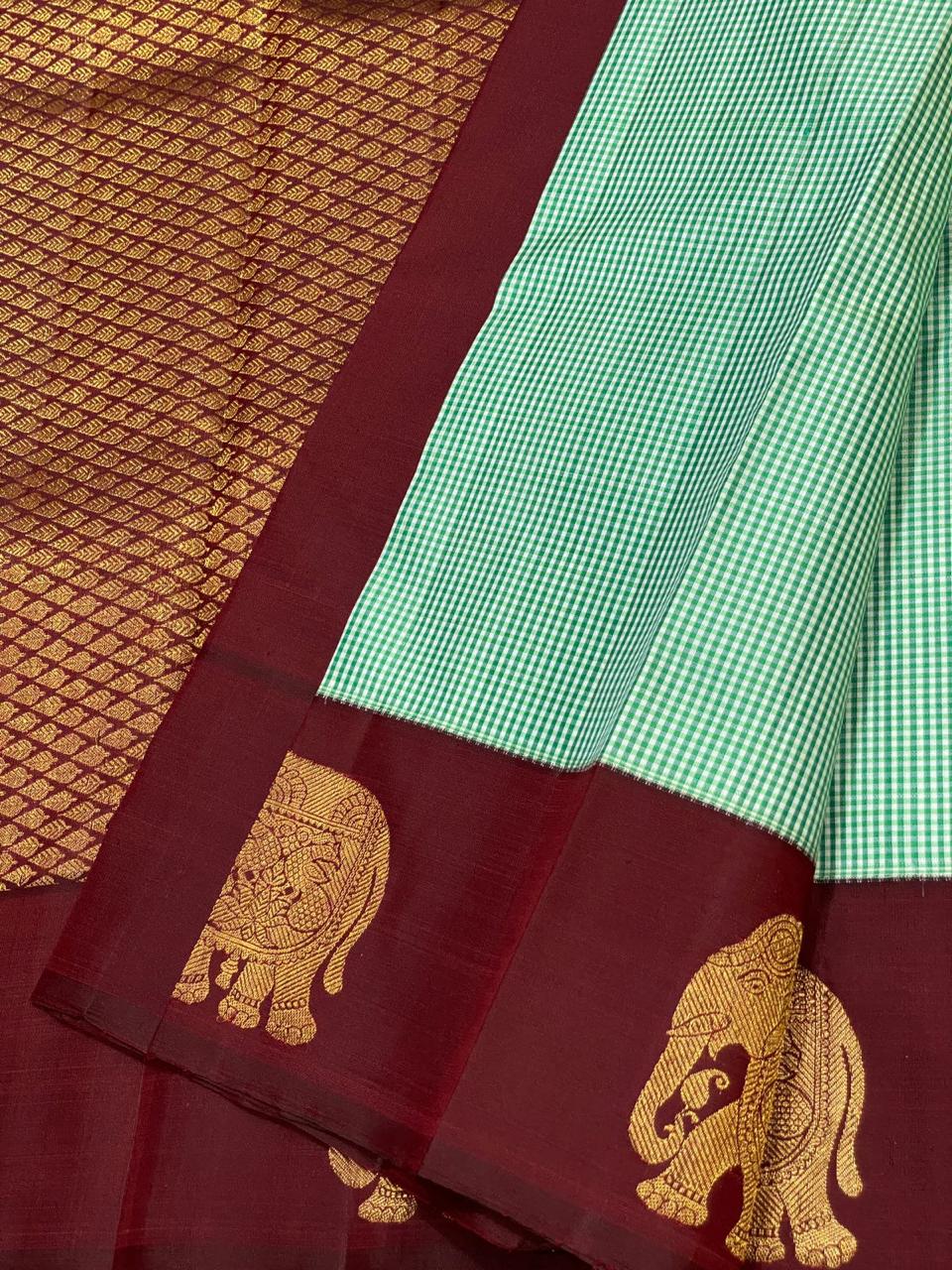 Classic Sea Green & Mahogany Red Kanchipuram Handloom Silk Saree SS26162