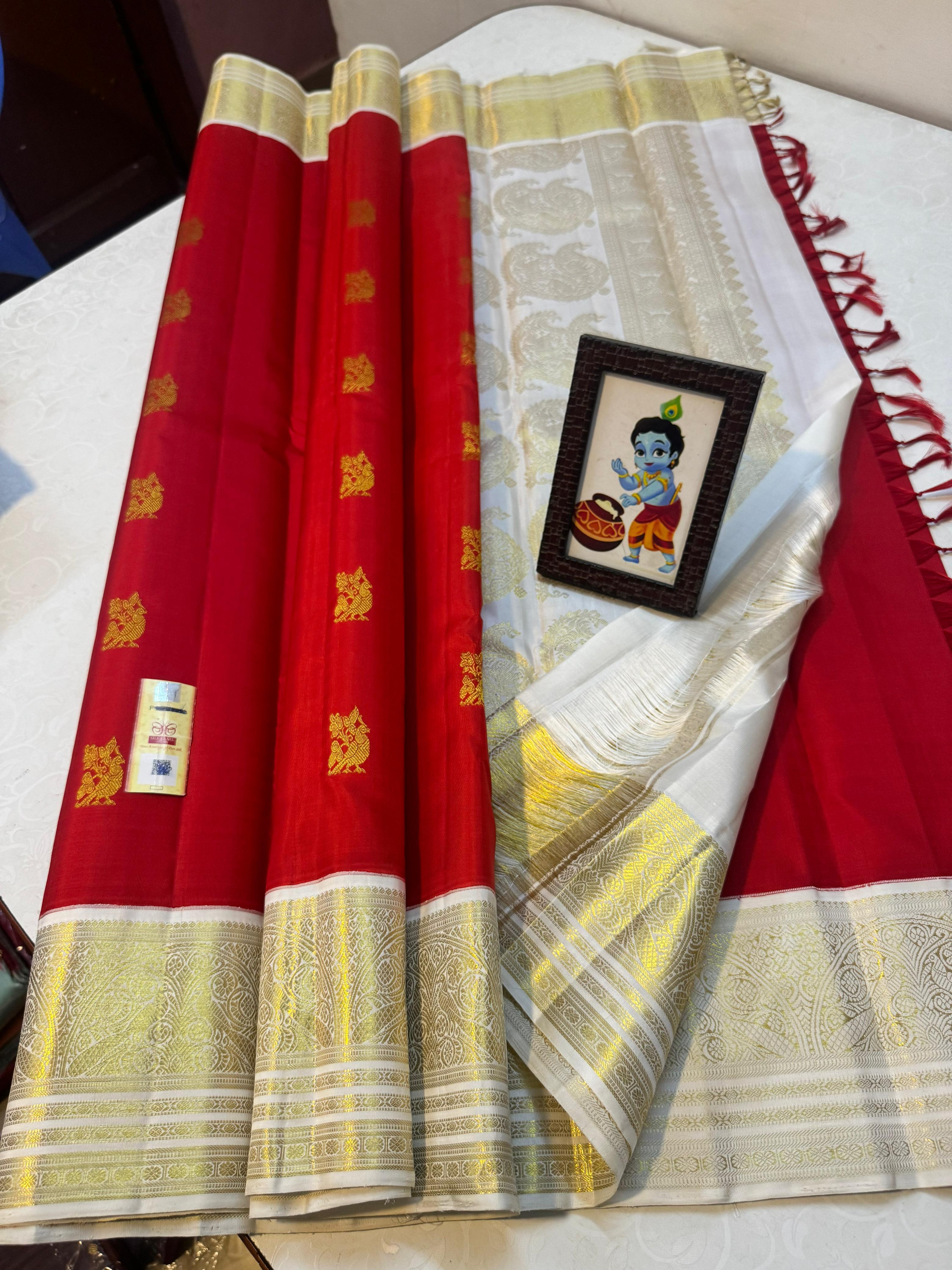 Classic Scarlet Red & White 2gm Zari Kanchipuram Handloom Silk Saree SS26155