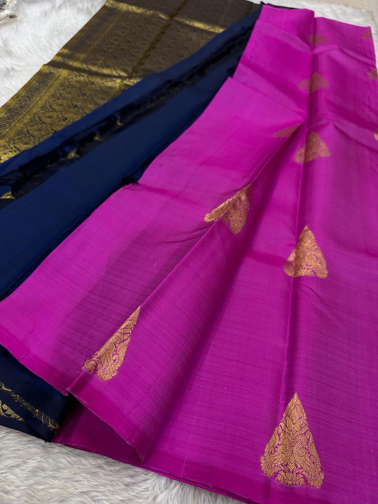 Classic Fuchsia Pink & Navy Blue Kanchipuram Handloom Silk Saree SS26186