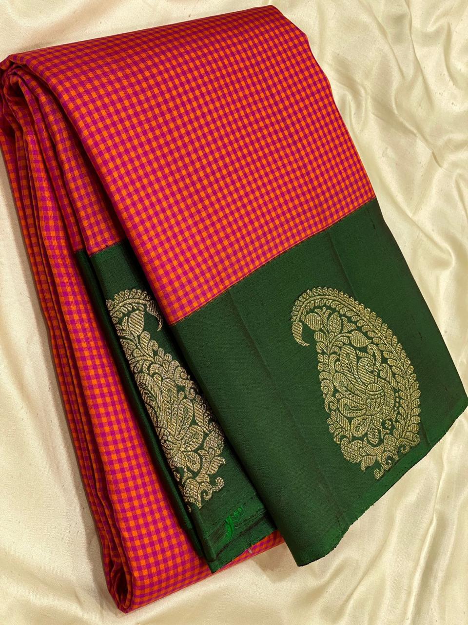 Classic Tomato Red Pink & Pine Green  Kanchipuram Handloom Silk Saree SS26164