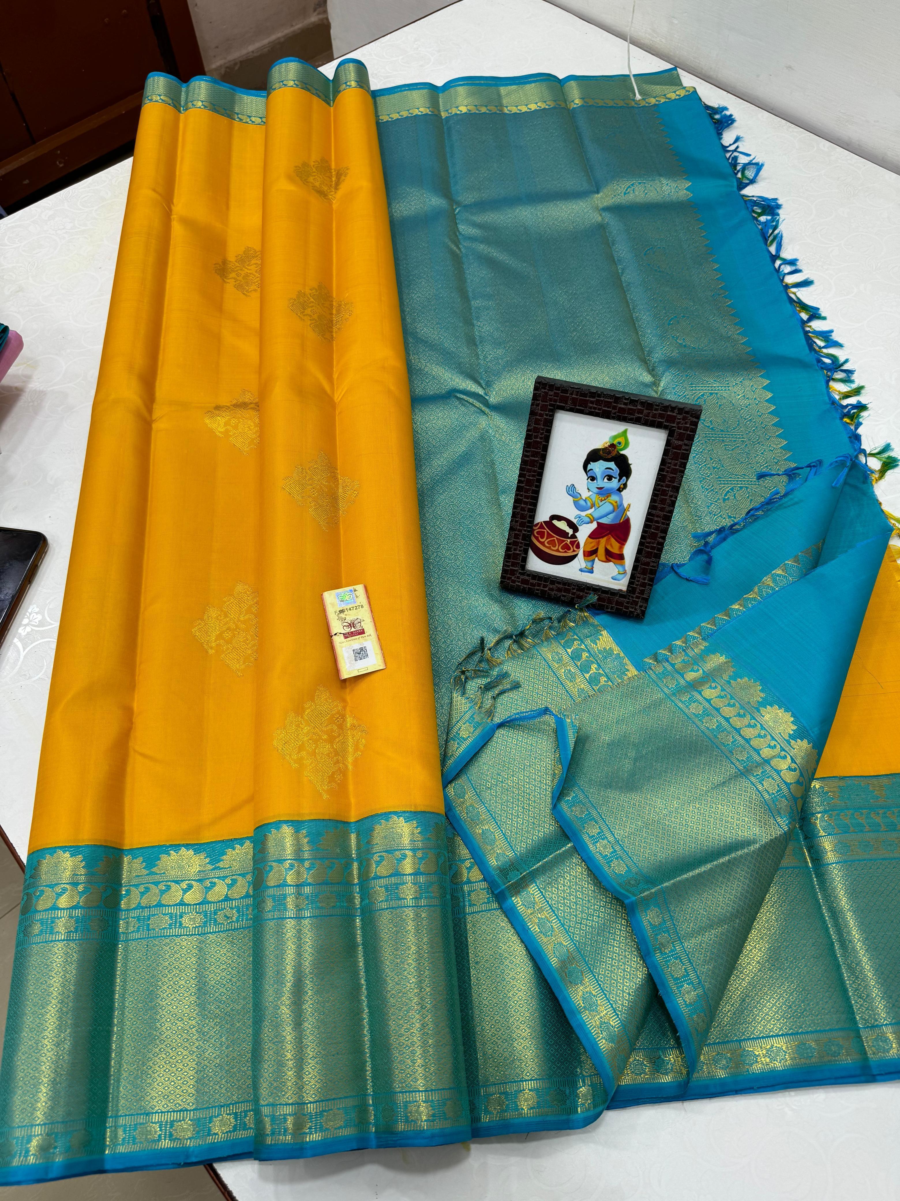Classic Yellow & Azure Blue 2gm Zari Kanchipuram Handloom Silk Saree SS26149