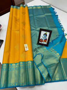 Classic Yellow & Azure Blue 2gm Zari Kanchipuram Handloom Silk Saree SS26149