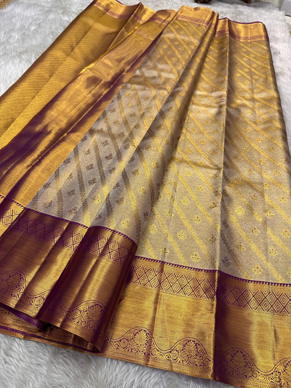 Shimmer Gold & Violet Bridal Elegance Kanchipuram Handloom Silk Saree SS26182