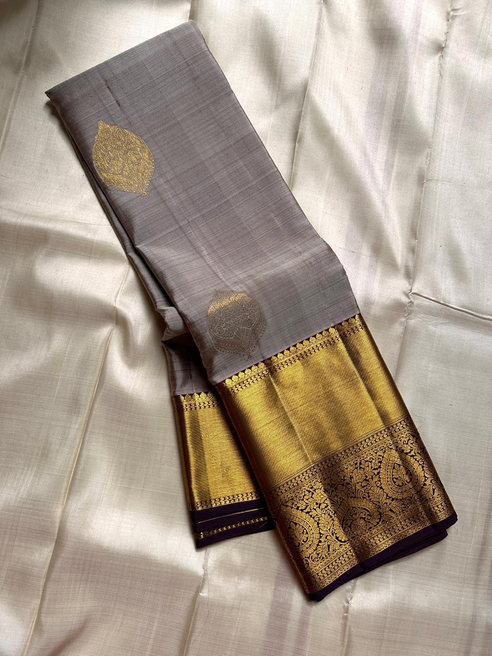 Classic Grey & Plum Kanchipuram Handloom Silk Saree SS26175
