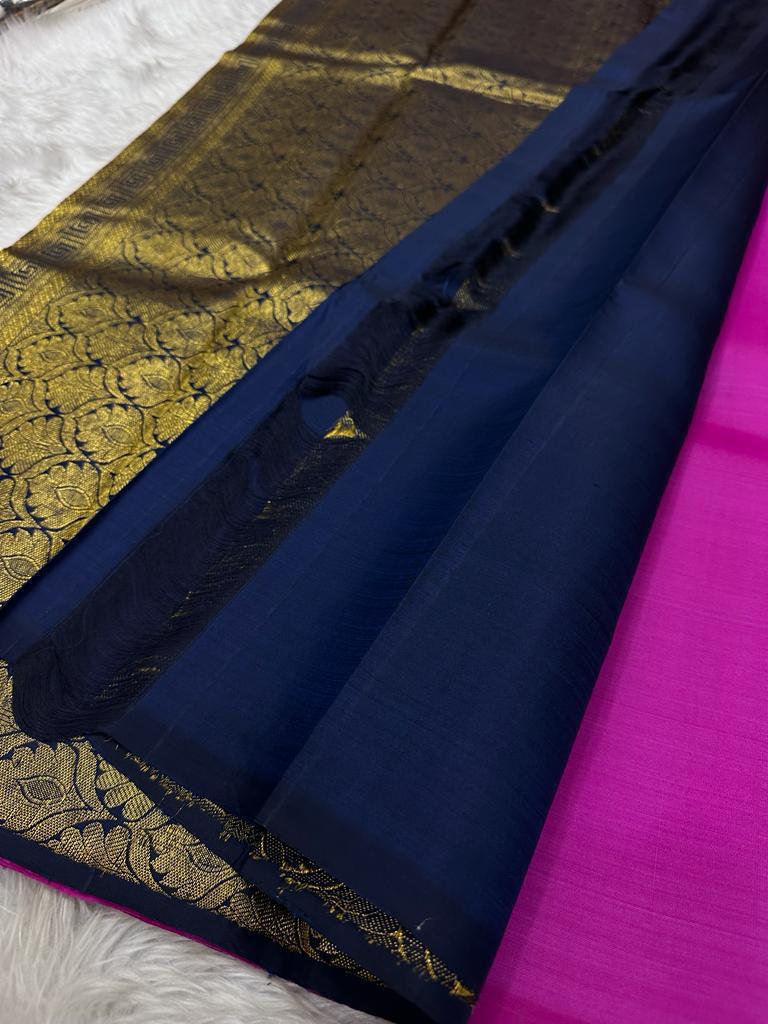 Classic Fuchsia Pink & Navy Blue Kanchipuram Handloom Silk Saree SS26186